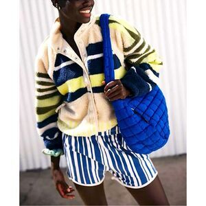 Free People Striped Bomber Sherpa Jacket in Blue, Green, and Cream